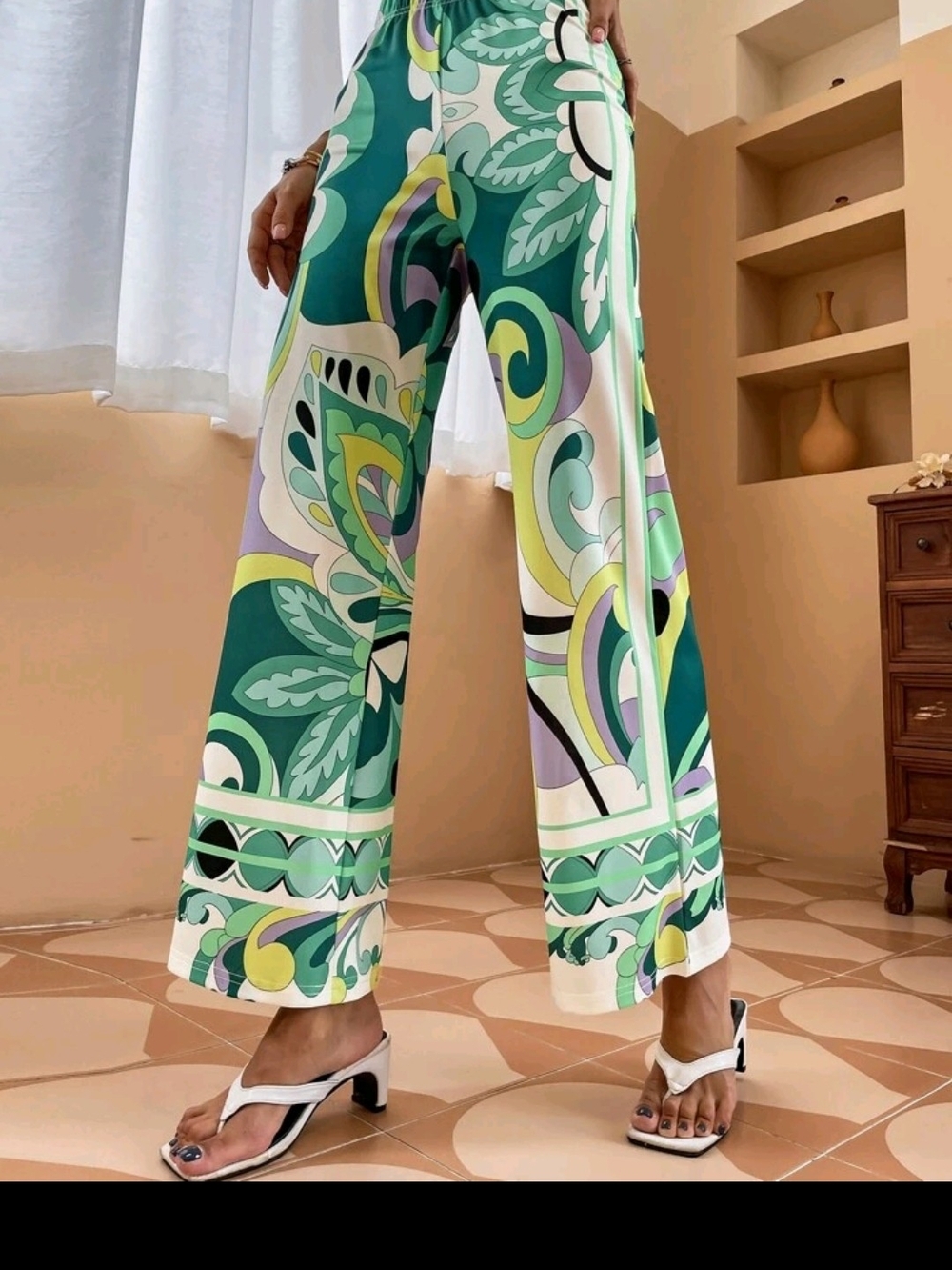 Abstract Floral Wide-Leg Pants - Green